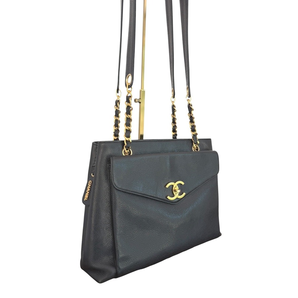 CHANEL Vintage Black Caviar Leather CC Shoulder Tote Bag Gold Hardware - Picture 2 of 15